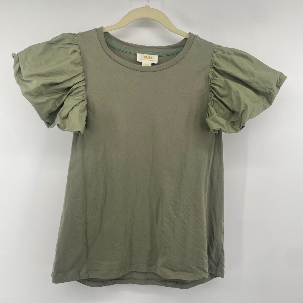 Maeve Puff Sleeve Top Womens Large Green Cotton Pleated Tee Anthropologie